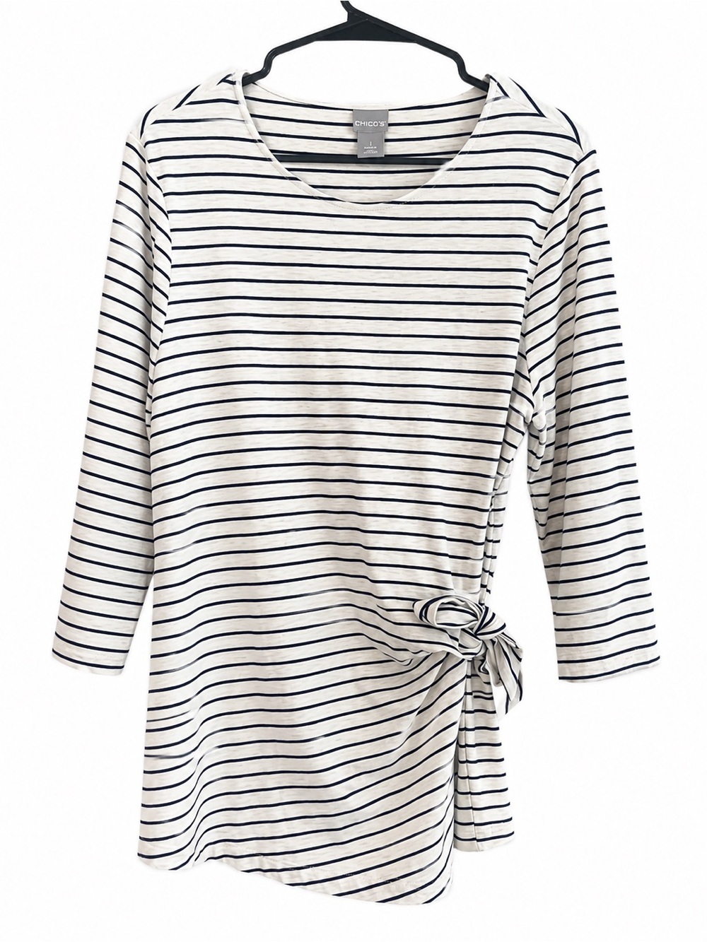 Chico’s Striped Side Tie Knit Top Women’s Size 1 (US Medium) 3/4 Sleeve